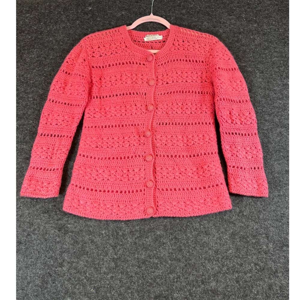 VTG 60s Hudsons Bay Wool Crochet Cardigan Womens Small Pink Button Front Sweater